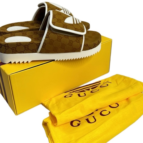 GUCCI NWT TAN BROWN WHITE MEN’S ADIDAS SLIDE SANDALS SIZE 11 MADE IN ITALY - Picture 11 of 11